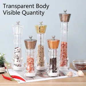 Manual acrylic pepper and salt grinder set with electroplated metallic tops