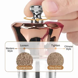 Manual acrylic pepper grinder with adjustable rose gold top for coarse or fine spice