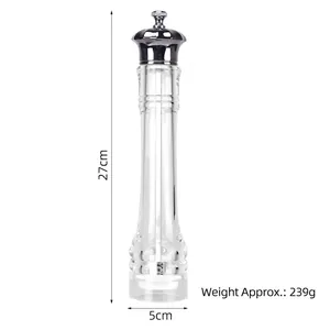 Manual acrylic pepper and salt grinder with ceramic core, 27cm tall kitchen tool