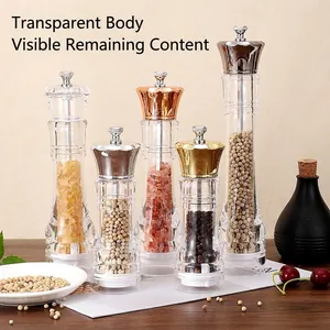 Set of 5 clear acrylic manual spice grinders with metallic tops for pepper and sea salt