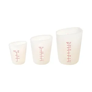 Set of 3 semi-transparent silicone measuring cups with clear red scale markings