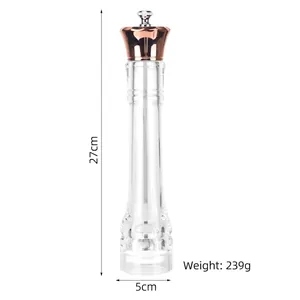 Manual acrylic pepper grinder with rose gold top, 27cm height, adjustable coarseness