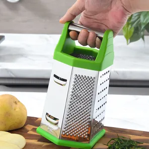 Professional 6-sided stainless steel box grater for cheese and vegetables, green handle
