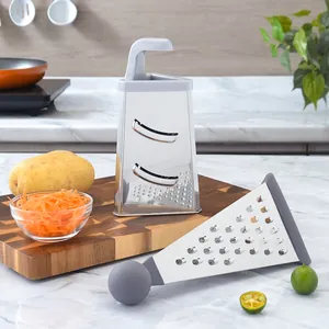 Professional 4-in-1 stainless steel kitchen vegetable grater with ergonomic grey handle