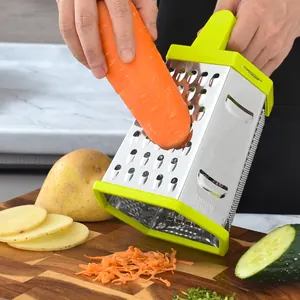 6-Sided stainless steel box grater with lime green handle for vegetables and cheese
