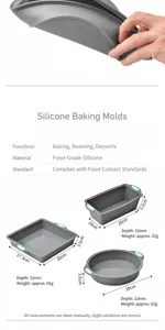 Dimensioni e specifiche dettagliate per set di stampi da forno in silicone.