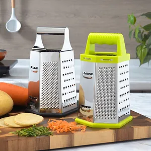 6-sided stainless steel box grater for vegetables and cheese in a kitchen setting