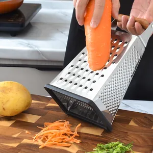 Râpe à légumes multifonctionnelle à 4 faces en acier inoxydable avec manche en bois
