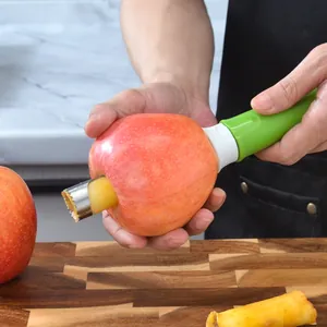 Professionele roestvrijstalen appelboor met ergonomische groene handgreep in actie