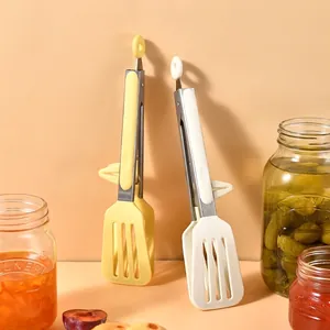 Silicone Food Tongs With Stand Stainless Steel Handle Heat Resistant Kitchen Tongs For BBQ Bread Steak Buffet Serving Yellow White