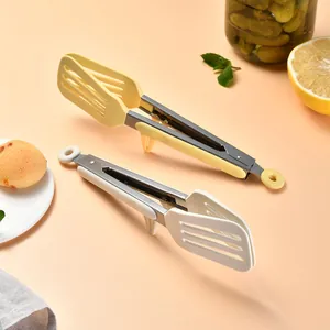 Heat-resistant silicone and stainless steel food tongs with built-in stand for BBQ