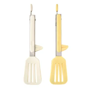 Heat-resistant silicone and stainless steel food tongs with integrated stand