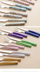 Dettaglio di coltelli e forchette da bistecca colorati in acciaio inox con vari manici.