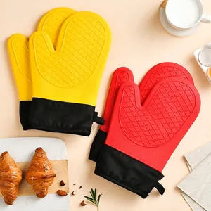 Thickened Silicone Oven Mitts Heat Resistant Non-slip Diamond Texture Baking Gloves With Long Fabric Cuff For Kitchen Microwave Cooking