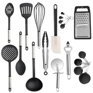 Professional 19-piece kitchen utensil set featuring nylon tools and stainless steel handles