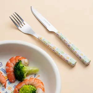 Set di Coltelli e Forchette da Bistecca in Acciaio Inossidabile per Sei Persone Set di Posate Stampate Tinta Unita Floreale Stoviglie per Casa Cucina Festa Banchetto Matrimonio Regalo