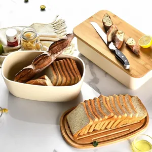 Panera Nórdica Blanco Crema Con Tapa de Bambú Multifuncional Tabla de Cortar Gran Capacidad Cesta de Almacenamiento de Pan de Cocina Bambú Plástico PP