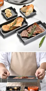 High-quality gray silicone baking tray set shown with grilled steak and chicken breast