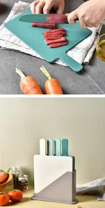 Detail view of 4-piece indexed cutting board set with storage stand and handle icons