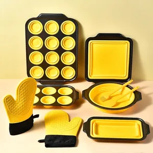 Silicone Baking Mold Set Heat Resistant Cake Pans With Carbon Steel Frame Including Muffin Trays Loaf Pans Spatula Oven Mitts For Kitchen