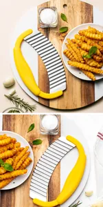 Detail view of yellow handheld potato wave cutter with crinkle-cut fries on wooden board