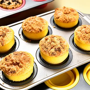 Non-stick 6-hole muffin baking pan set with reusable yellow silicone cup liners for cakes