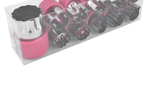 Detail of 12pcs stainless steel vegetable cutters with pink hand guards in clear box
