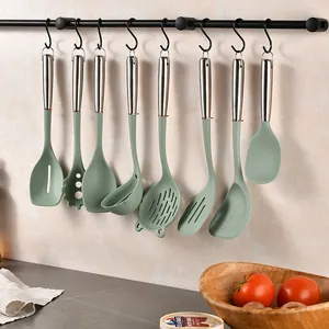 8-piece sage green silicone kitchen utensil set with 430 stainless steel handles
