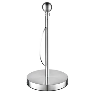 Modern brushed stainless steel paper towel holder featuring round base and ball top finial