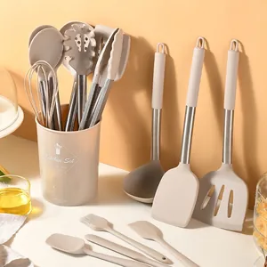 Silicone Stainless Steel Cooking Tools Heat Resistant Non-Stick Spatula Spoon Whisk Tongs Brush With Holder Kitchen Accessory Collection
