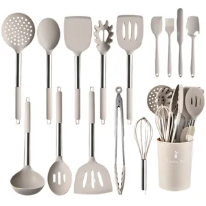 14-piece silicone kitchen utensil set with stainless steel handles and storage bucket.