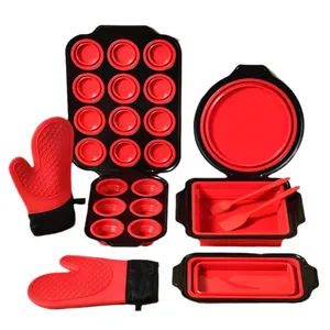 8-piece red and black silicone baking set with muffin pans and oven mitts