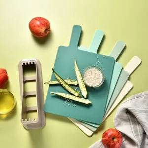 4-piece racquet-shaped color-coded PP cutting board set with storage base