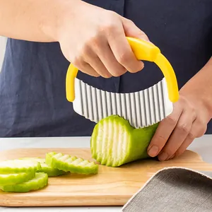 Stainless steel wavy crinkle cutter for vegetables and potatoes with yellow handle
