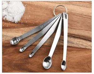 Macro detail of engraved measurements on 5-piece stainless steel mini measuring spoons