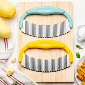 Stainless steel wavy potato crinkle cutter set for french fries in blue and yellow colors