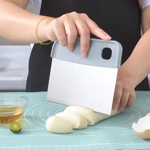 Stainless steel dough scraper cutter with gray handle for kitchen baking