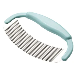 Stainless steel wavy potato cutter with ergonomic light blue handle for crinkle fries