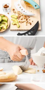 Detailed macro view of stainless steel rocker knife cutting dough on a kitchen counter