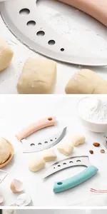 Close-up detail of stainless steel dough cutter blade with pink and teal ergonomic handles