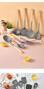 Close-up detail of a premium gray silicone kitchen utensil set with ergonomic oak handles