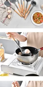 Silicone ladle with ergonomic oak handle for non-stick cookware used in boiling eggs
