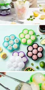 Colorful 7-hole flower-shaped silicone ice ball molds with fruit-filled round cubes