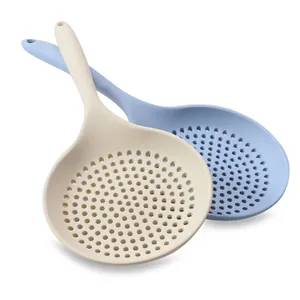 Heat-resistant silicone kitchen skimmer spoons in off-white and blue for cooking