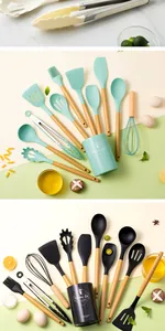 Professional 12-piece silicone kitchen utensil set with wooden handles in multiple colors