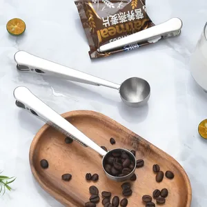 Stainless Steel Coffee Scoop With Sealing Clip Multi-functional Measuring Spoon For Milk Powder Food Bags Seal Crocodile Clip