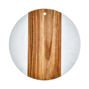 Round marble and wood spliced cutting board for cheese, bread, and pizza serving tray
