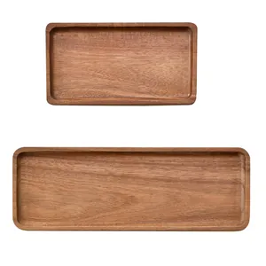 Set of two high-quality rectangular acacia wood serving trays with natural grain finish
