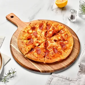 Massief Houten Pizzabord Met Lang Handvat Acaciahouten Dienblad Voor Biefstuk Dessert Taart Natuurlijk Rond Keukenbord