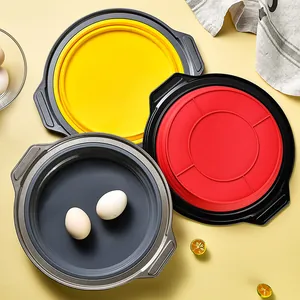 Premium circular silicone and carbon steel cake baking pans set in three vibrant colors.